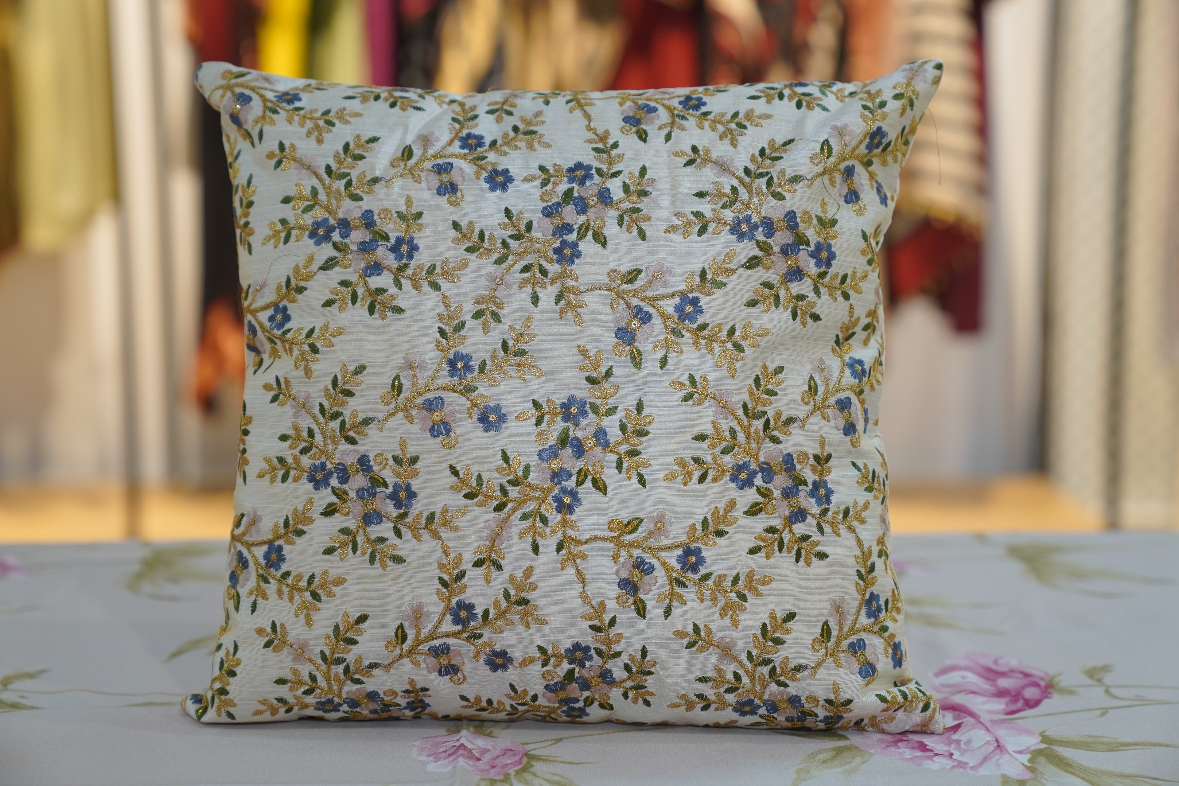 Blue flower on golden yellow cushion cover (Set of 5)