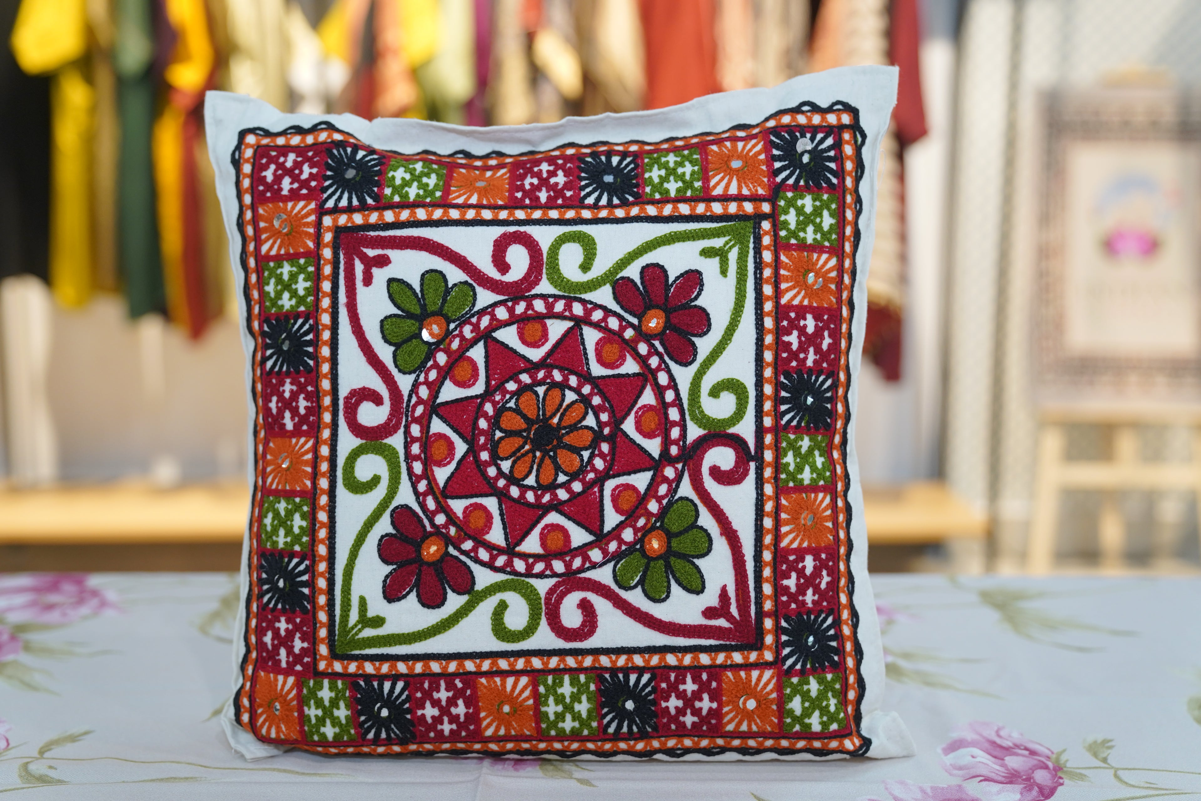 Green Red Temple Spire Gujarati Cushion Cover