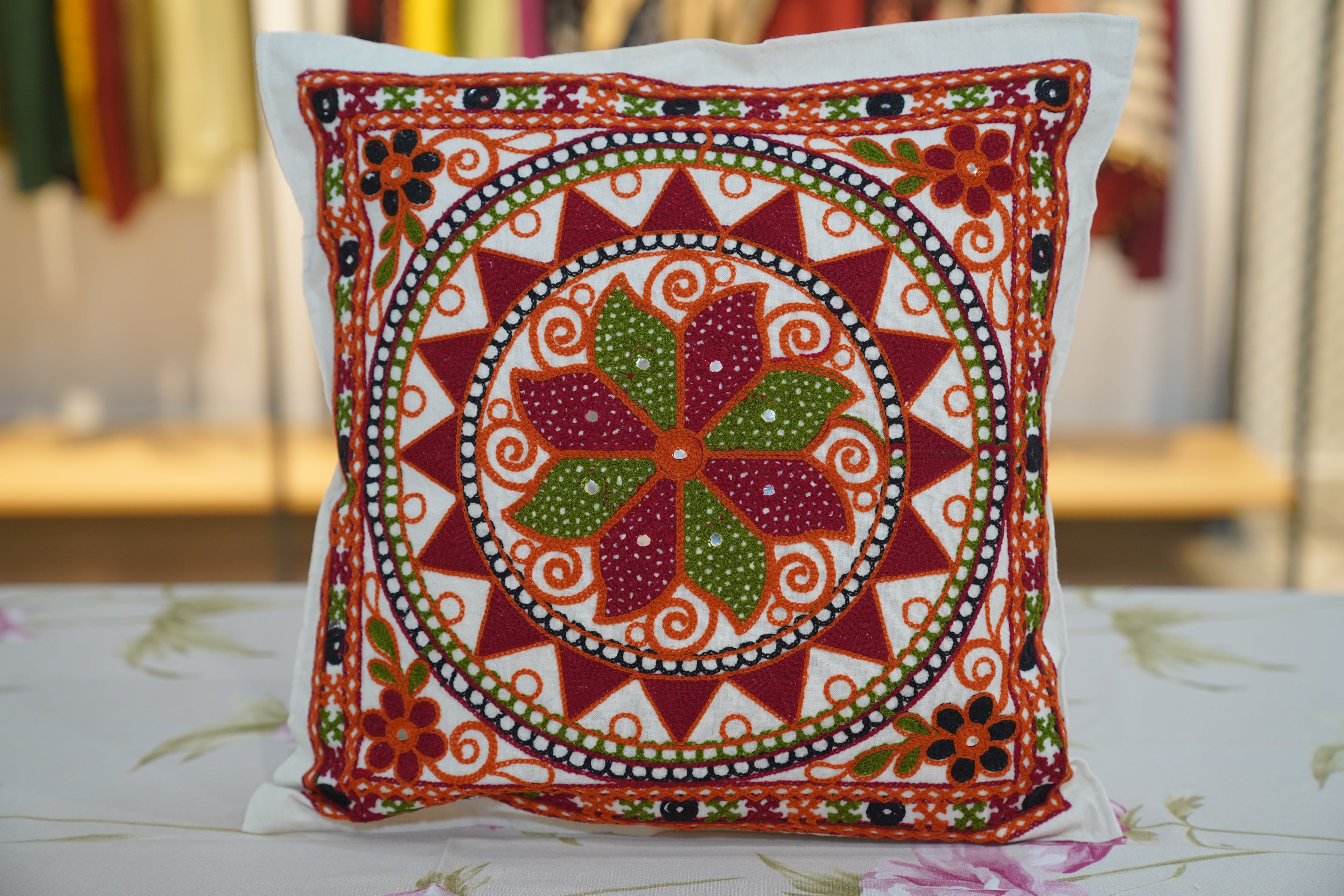 Green & red petals gujarati cushion cover