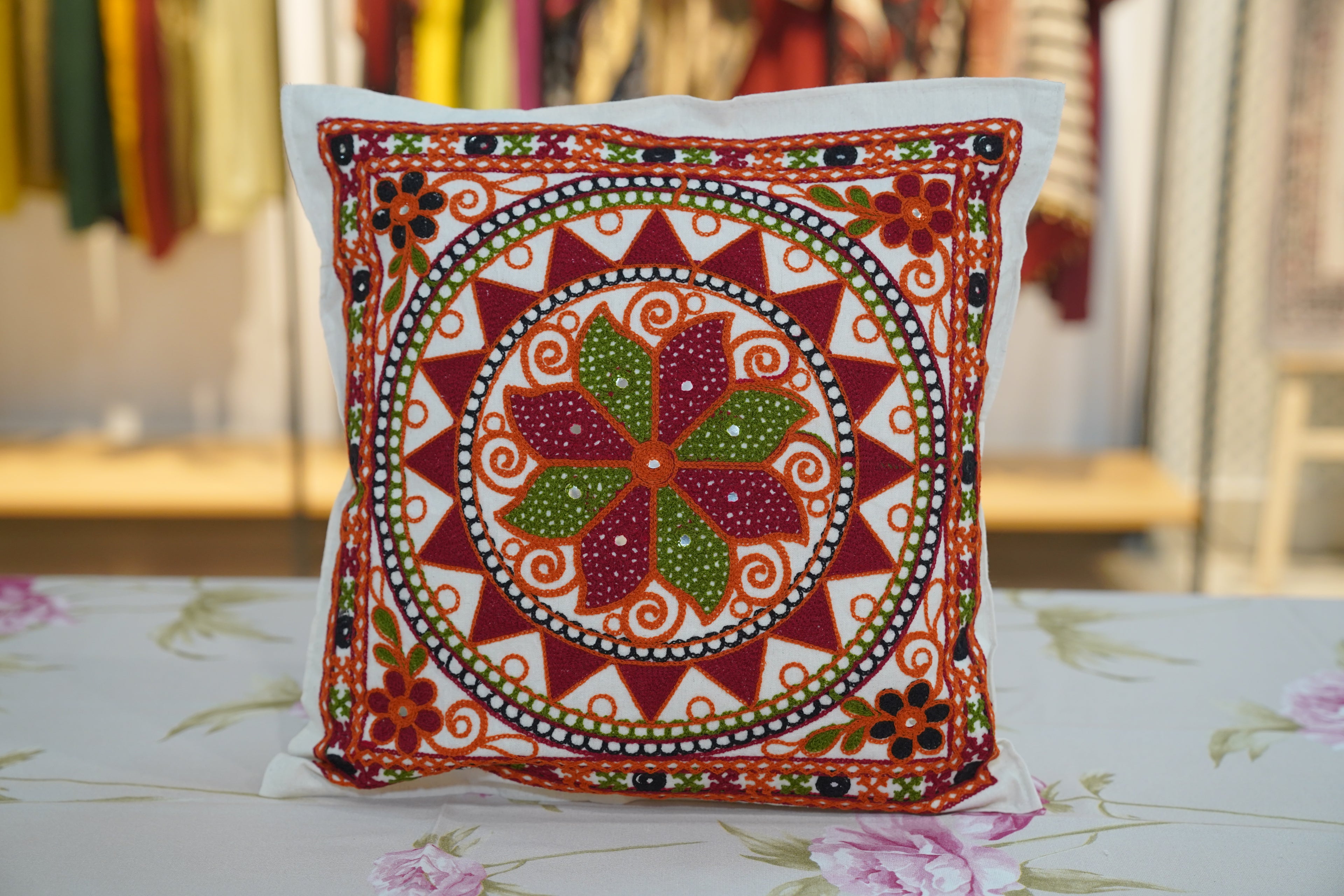 Green & red petals gujarati cushion cover