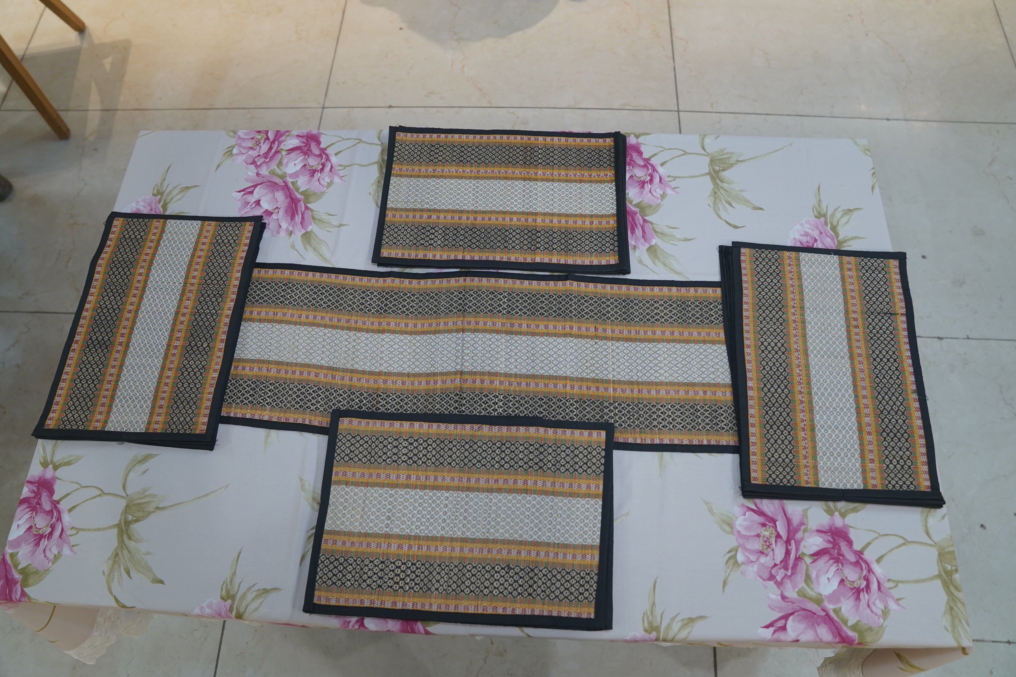 Black handloom runner with placemat
